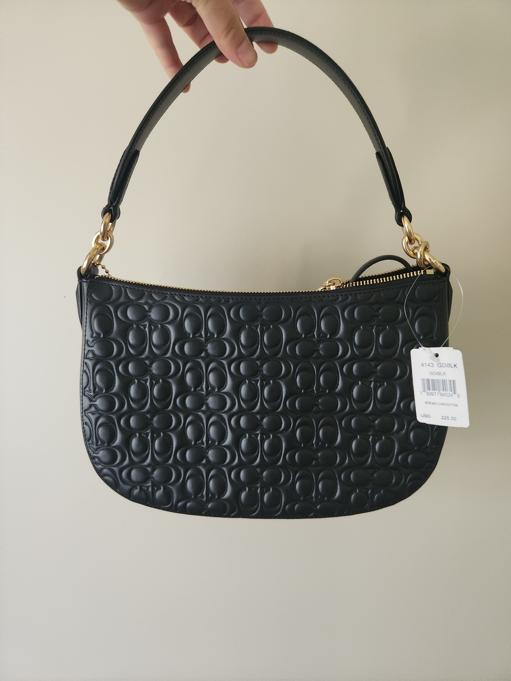 Coach Black Embossed Leather Crescent Shoulder Bag with Gold Hardware